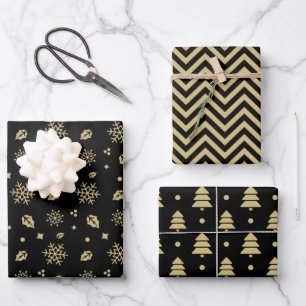 Feuille De Papier Cadeau Christmas Black And Gold Snowflake Tree Pattern