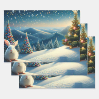 Feuille De Papier Cadeau Christmas Bunny with Decorated Christmas Tree