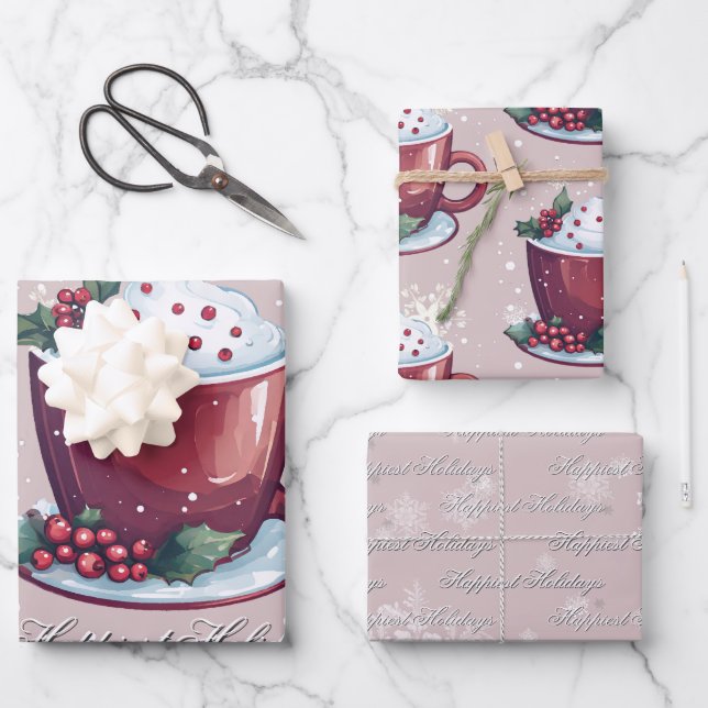 Feuille De Papier Cadeau Christmas Cup of Hot Chocolate | Blush Pink (Recto)