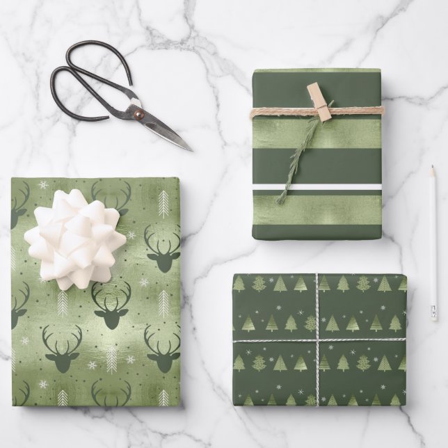 Feuille De Papier Cadeau Christmas Deer Antler, Stripes et Fir Trees ID864 (Recto)