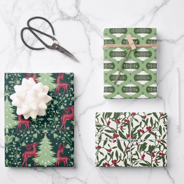 Feuille De Papier Cadeau Christmas Folk Art Reindeer, Ornaments, Mistletoe (Recto)