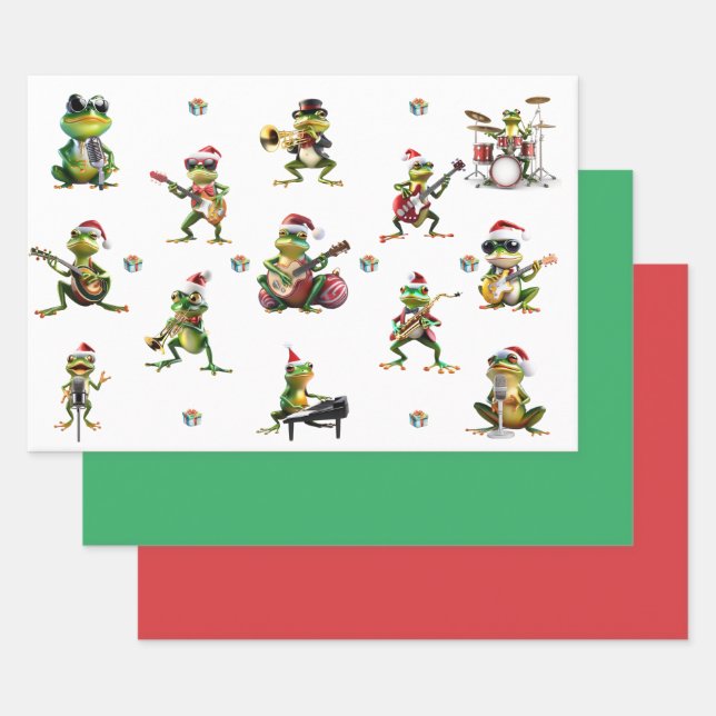 Feuille De Papier Cadeau Christmas Frog Jazz Band and Solid Green & Red (Lot)