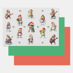 Feuille De Papier Cadeau Christmas Frog Rock Band and Solides Green & Red