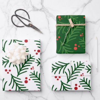 Feuille De Papier Cadeau Christmas Green Berries Modern Wrapping Paper