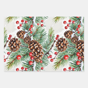 Feuille De Papier Cadeau Christmas Holly et Pinecones