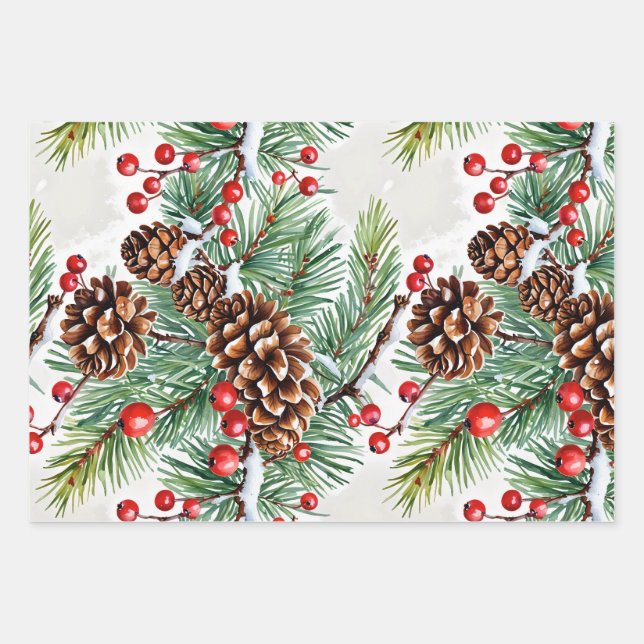 Feuille De Papier Cadeau Christmas Holly et Pinecones (Devant)