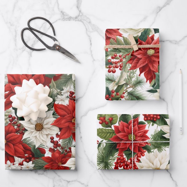Feuille De Papier Cadeau Christmas Poinsettia – Holiday Floral Design (Recto)