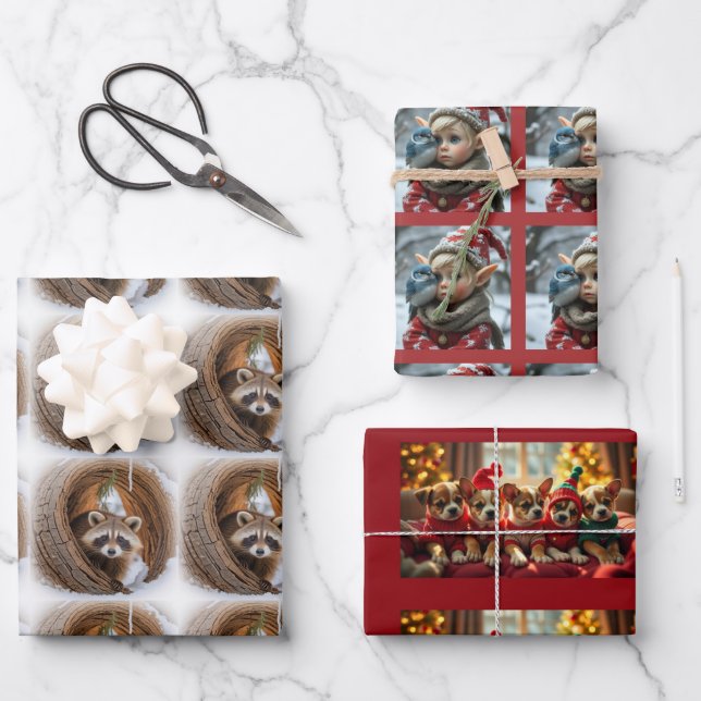 Feuille De Papier Cadeau Christmas puppies, raccoon, Elf (Recto)
