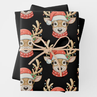 Feuille De Papier Cadeau Christmas Reindeer Xmas Lights Glasses Santa Hat