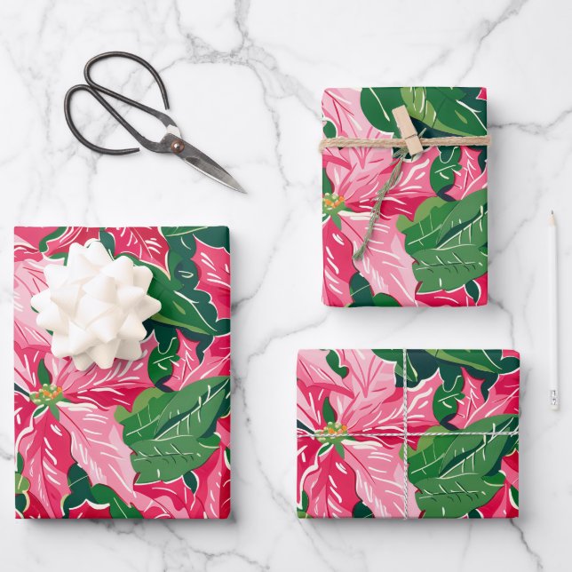 Feuille De Papier Cadeau Christmas Ruby Pink Poinsettia N Leaves Pattern (Recto)