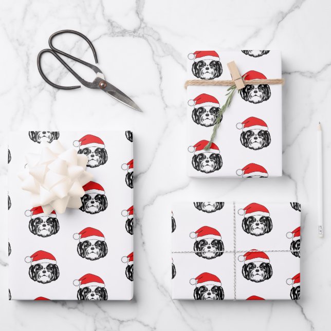 Feuille De Papier Cadeau Christmas Shih Tzu Chien Santa Hat (Recto)
