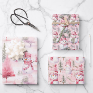 Feuille De Papier Cadeau Christmas Snowmen Pink Coordination