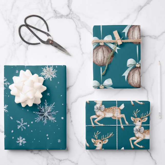 Feuille De Papier Cadeau Christmas Teal Snowflakes Deer Coconut   (Recto)