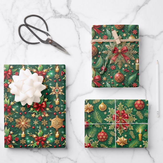 Feuille De Papier Cadeau Christmas-themed three festive patterns (Recto)