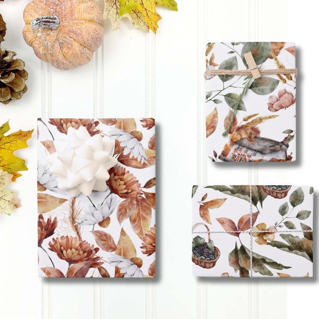 Feuille De Papier Cadeau Chute Foliage Rustique Aquarelle Motifs botaniques (Fall Foliage Rustic Watercolor Botanical Pattern Wrapping Paper Sheets)