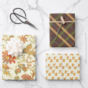 Feuille De Papier Cadeau Chute Thanksgiving Floral Orange Coeurs Plaid