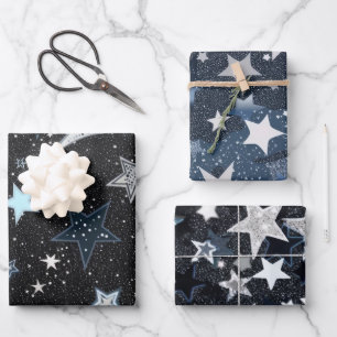 Feuille De Papier Cadeau Ciel bleu marine avec lune et étoiles argentées