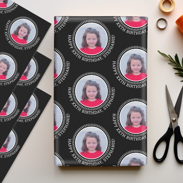 Feuille De Papier Cadeau Circle One Photo Happy Birthday Greeting - Noir (Personalized Wrapping Paper - add photos to this festive holiday design)