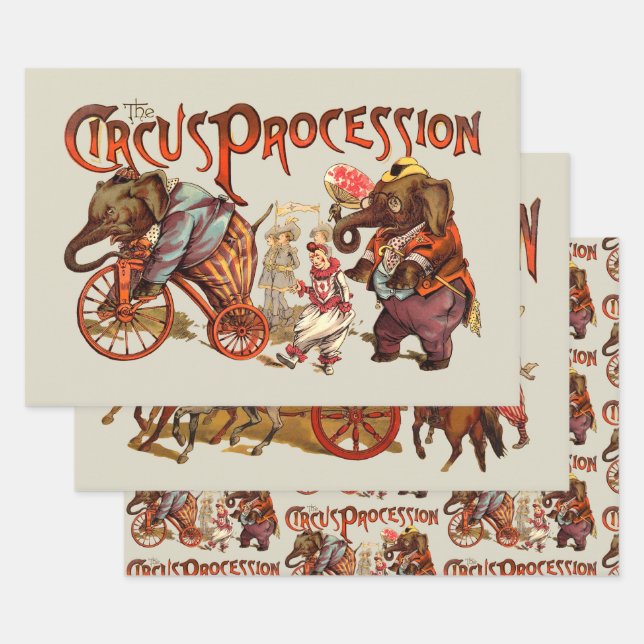 Feuille De Papier Cadeau Cirque Procession Eléphant Art antique (Lot)