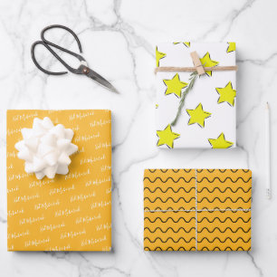 Feuille De Papier Cadeau Citation de Motif Eid Moubarak Kids Yellow Star Wa