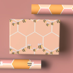 Feuille De Papier Cadeau Citron jaune et peaché orange miel et abeilles