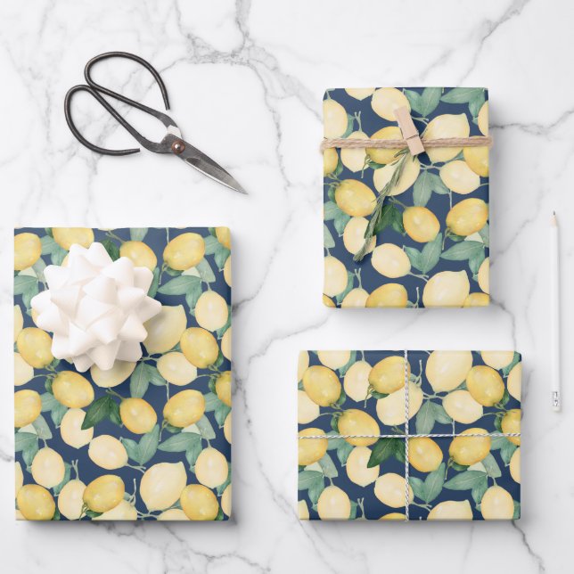 Feuille De Papier Cadeau Citrons élégants sur bleu marine (Recto)