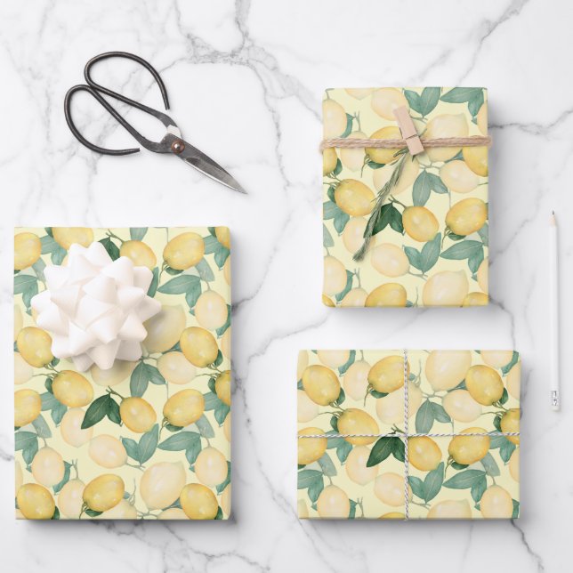 Feuille De Papier Cadeau Citrons élégants sur jaune (Recto)