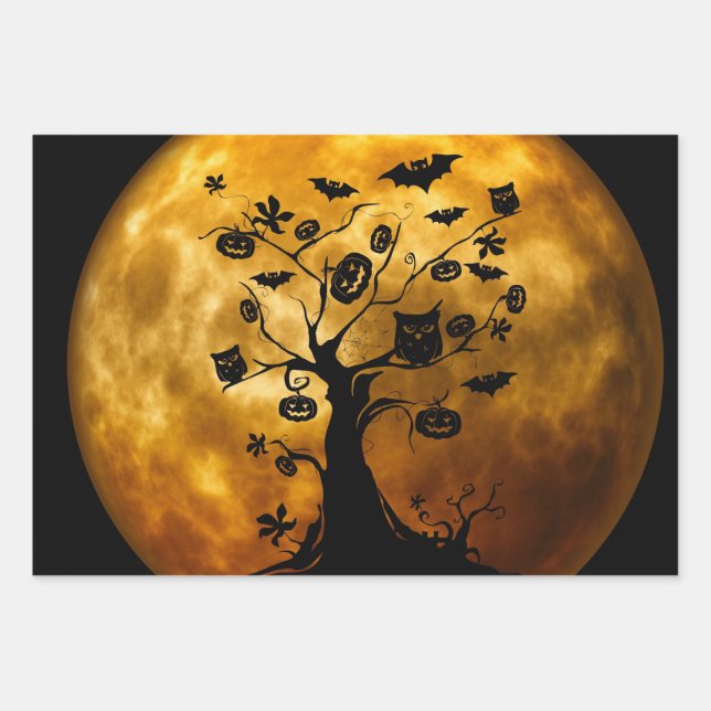 Feuille De Papier Cadeau Citrouille, chauve-souris, hibou et lune orange (Devant)
