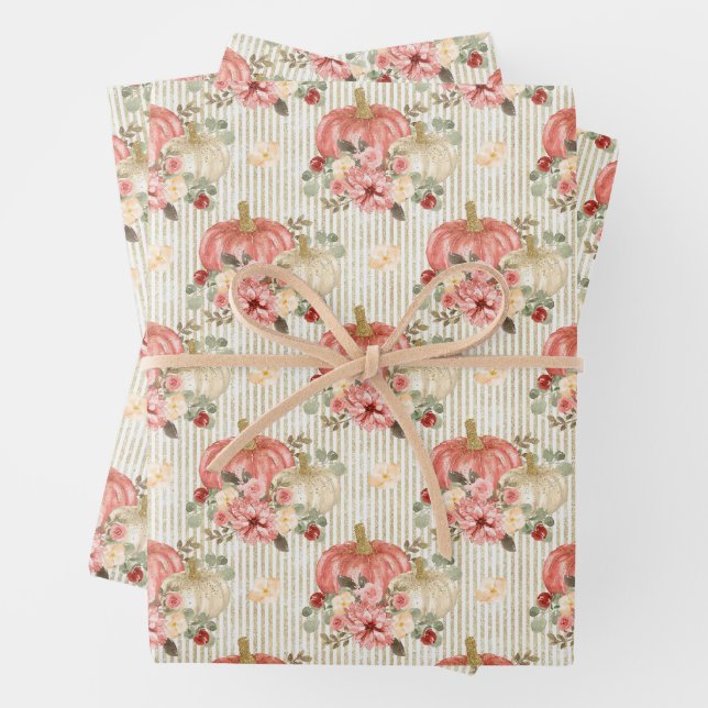 Feuille De Papier Cadeau Citrouille et fleurs (En situation)