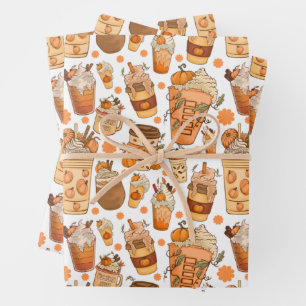 Feuille De Papier Cadeau Citrouille Latte de café d'automne Motif