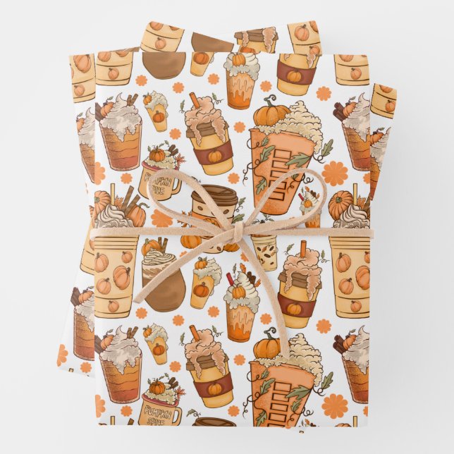 Feuille De Papier Cadeau Citrouille Latte de café d'automne Motif (En situation)