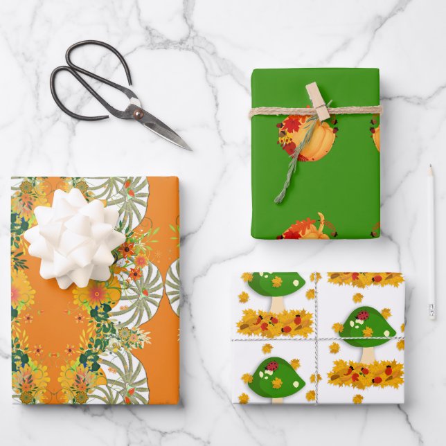 Feuille De Papier Cadeau Citrouilles blancs Chutes Couleurs Tabouret Toadst (Recto)