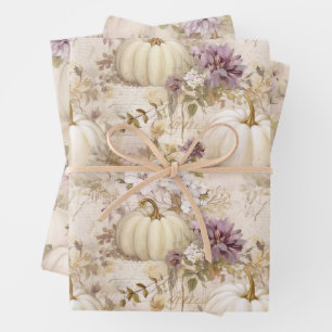Feuille De Papier Cadeau Citrouilles blancs Lilac Purple Fall Aquarelle Flo