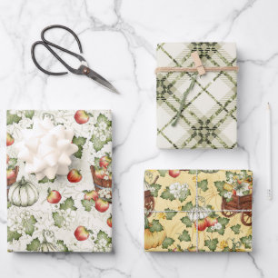 FEUILLE DE PAPIER CADEAU CITROUILLES BLANCS & POMMES D'AUTOMNE D'AUTOMNE RO