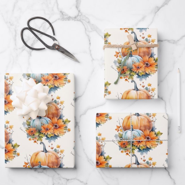 Feuille De Papier Cadeau Citrouilles d'automne avec Fleurs et Motif de feui (Recto)