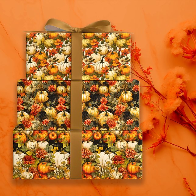 Feuille De Papier Cadeau Citrouilles d'automne et fleurs (Créateur téléchargé)