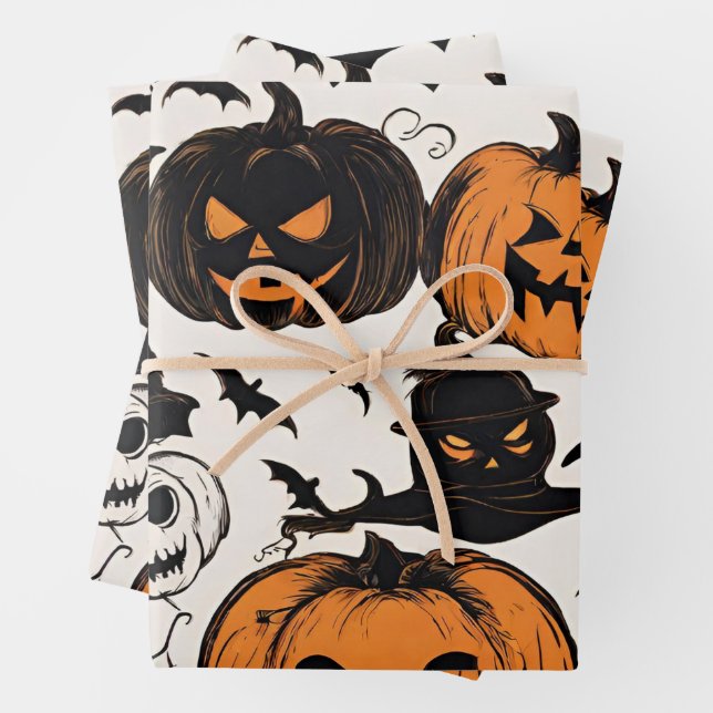 Feuille De Papier Cadeau Citrouilles d'Halloween et monstres (En situation)