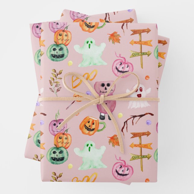 Feuille De Papier Cadeau Citrouilles d'Halloween, Fantôme, Monstres Rose  (En situation)