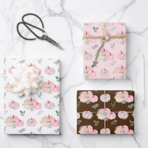 Feuille De Papier Cadeau Citrouilles Fleuries Roses