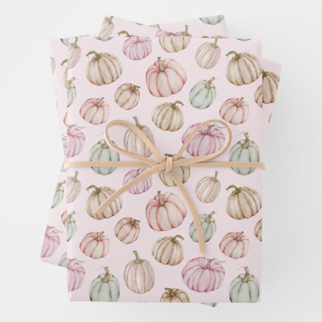 Feuille De Papier Cadeau Citrouilles rose automne (En situation)