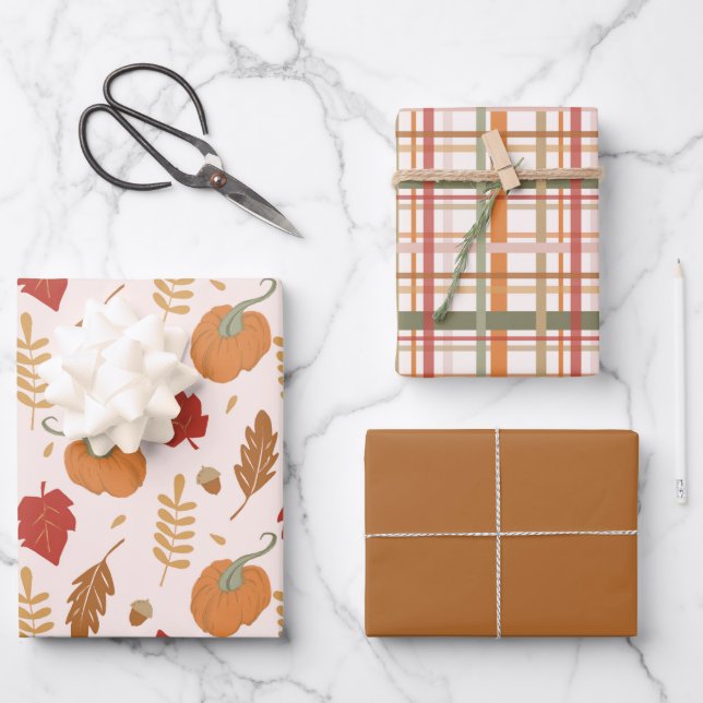 Feuille De Papier Cadeau Citrouilles rustiques et coordination Plaid (Recto)