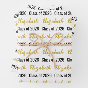 Feuille De Papier Cadeau Classe de 2024 et nom du diplômé Blanc Black Gold
