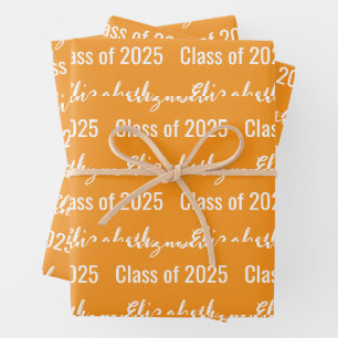 Feuille De Papier Cadeau Classe de 2025 Nom du diplômé Royal Orange and Whi