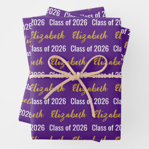 Feuille De Papier Cadeau Classe de 2026 Nom du grade Royal Purple White Gol