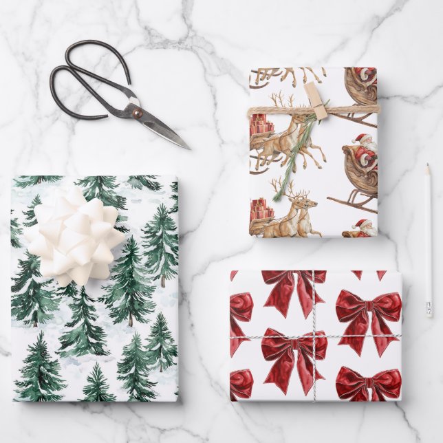 Feuille De Papier Cadeau Classic Christmas Santa Sleigh Trees Red Bows (Recto)