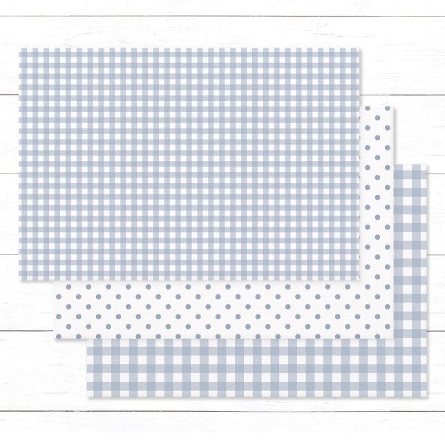 Feuille De Papier Cadeau Classic Dusty Blue En vichy Pois Motif Mix (Set of timeless dusty blue and white gingham and polka dot-patterned gift wrapping paper sheets.)