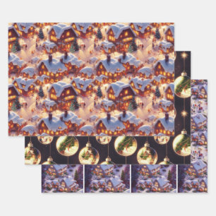 Feuille De Papier Cadeau Classic Vintage Noël Thème Village d'hiver