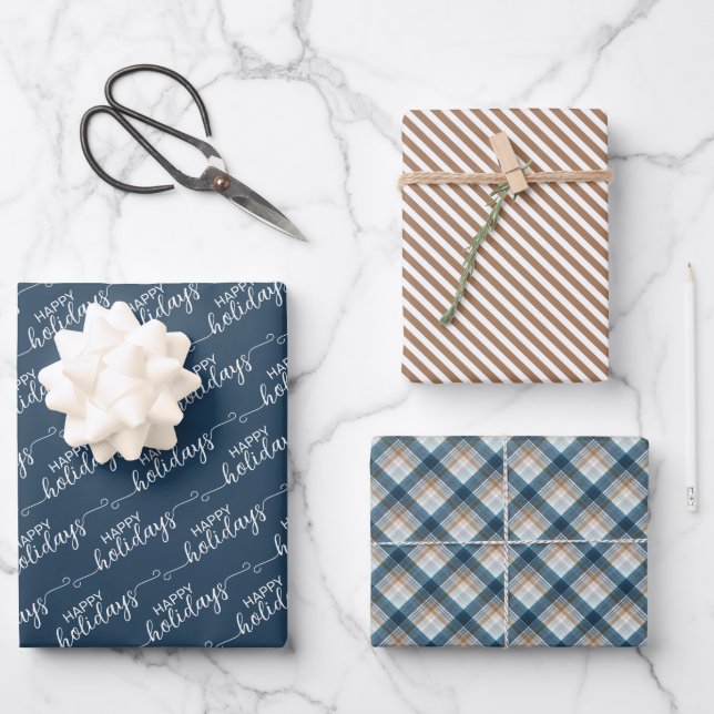 Feuille De Papier Cadeau Classique Bleu Bleu Taupe Beige Blanc Plaid (Recto)