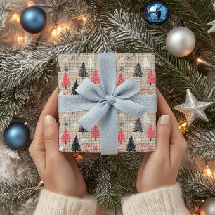 Feuille De Papier Cadeau Clipart de Noël rustique avec arbres et flocons de