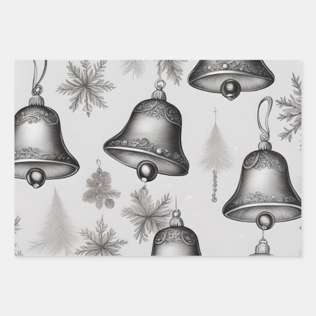 Feuille De Papier Cadeau Cloches d'argent, Holly & Berries et Poinsettias (Devant)